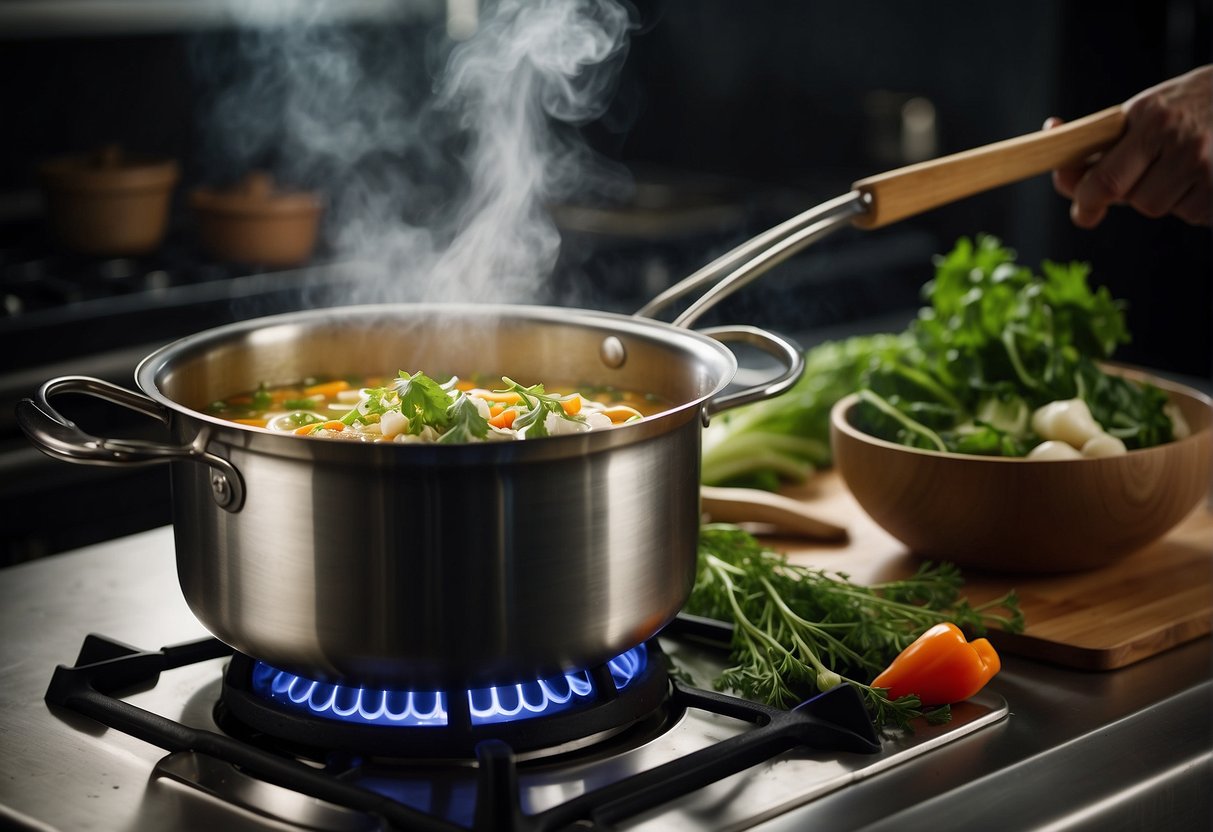 A pot simmers on a stove with various fresh vegetables and herbs. A chef adds a splash of soy sauce and stirs the fragrant broth
