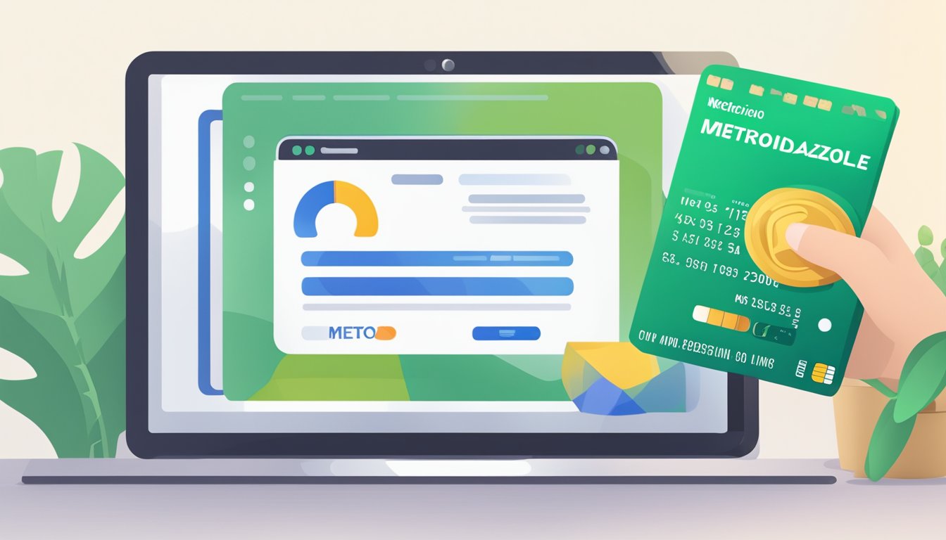 A computer screen displaying a website with the option to purchase metronidazole online. A credit card and shipping address are entered in the form