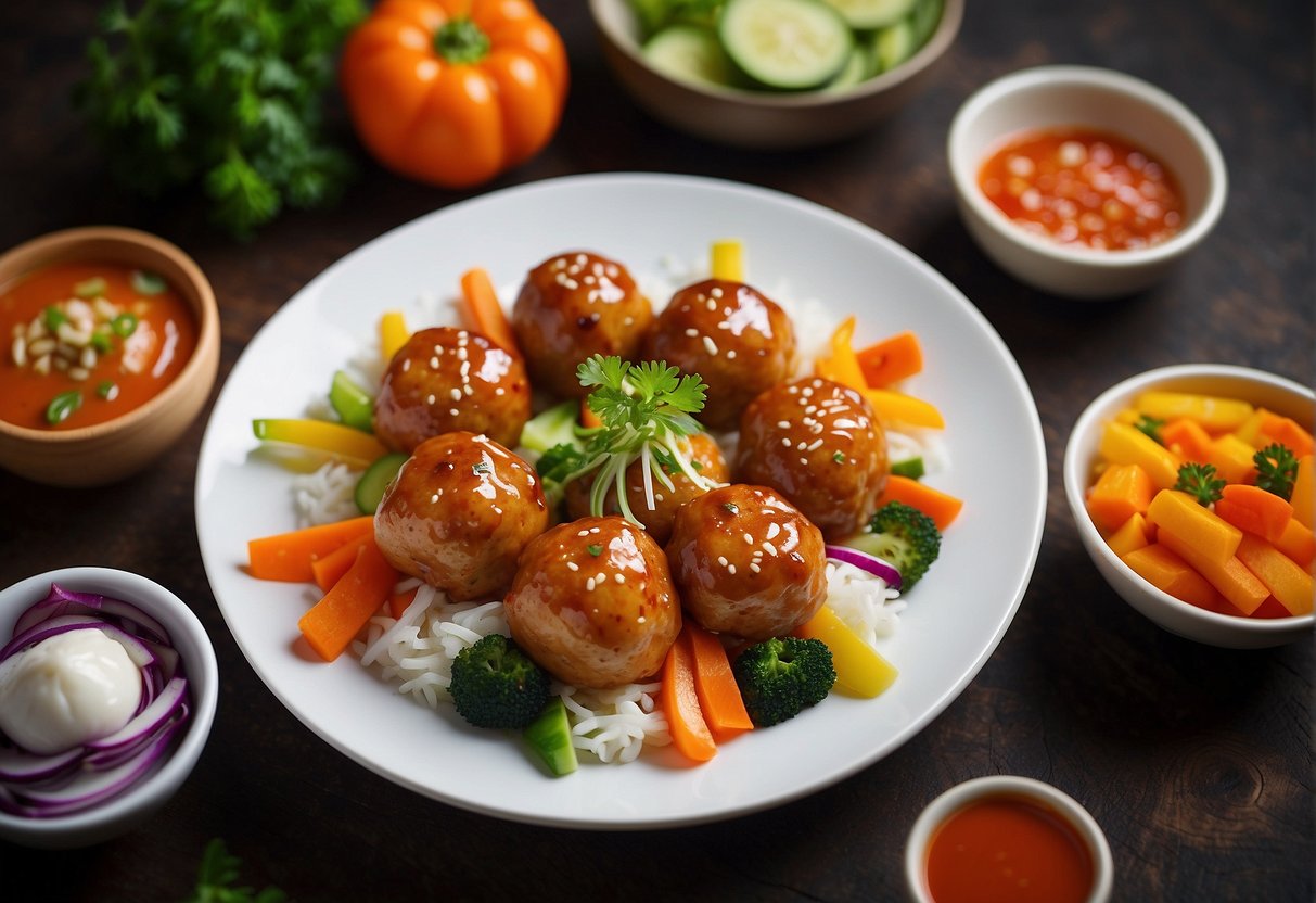A plate of Chinese chicken meatballs surrounded by colorful vegetables and drizzled with a savory sauce