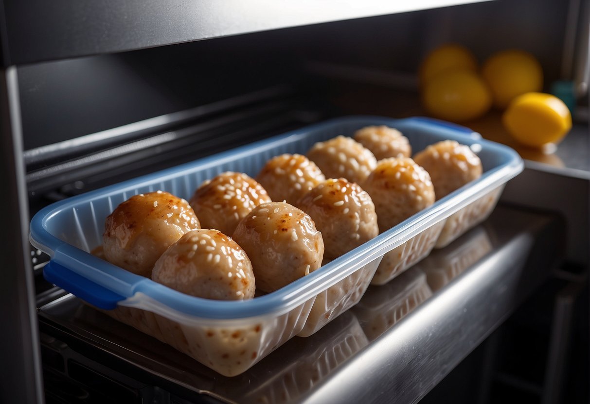 Chinese chicken meatballs placed in airtight containers in the refrigerator. Microwave reheating with a damp paper towel for moisture