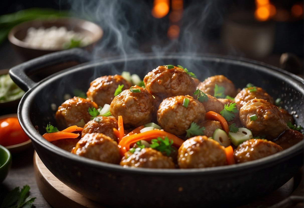 A sizzling wok of Chinese chicken meatballs, surrounded by vibrant ingredients and a steaming pot of fragrant rice