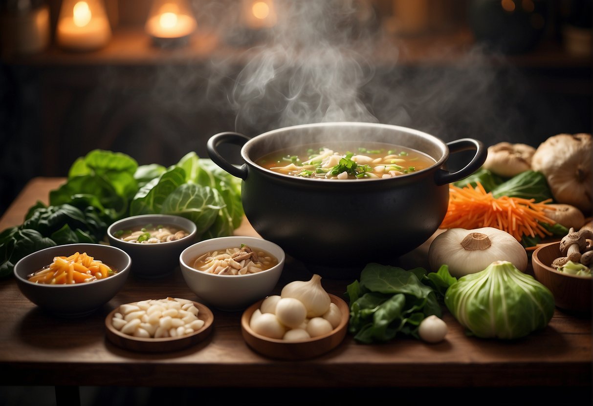 A steaming pot of Chinese soup surrounded by fresh and colorful ingredients like bok choy, shiitake mushrooms, and ginger