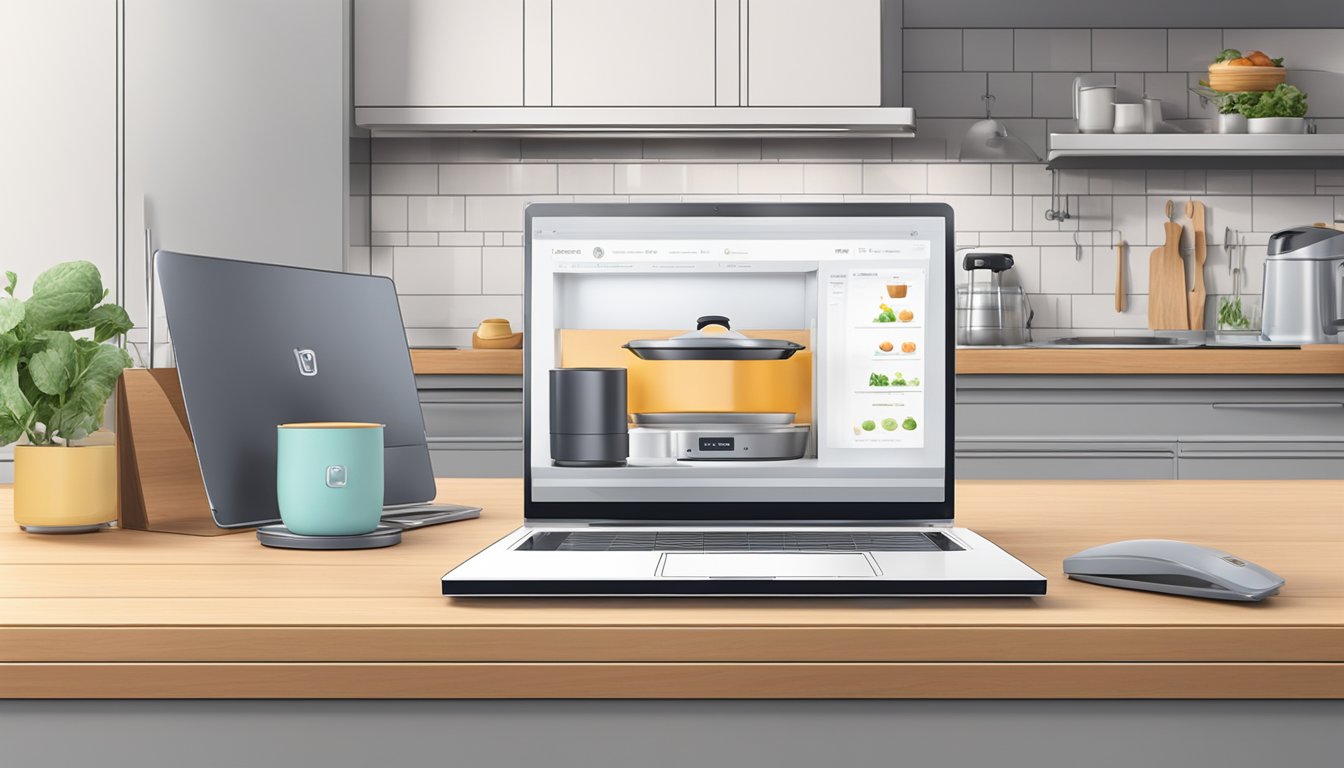 A sleek Monsieur Cuisine Connect sits on a kitchen counter, with a laptop open to an online store in the background