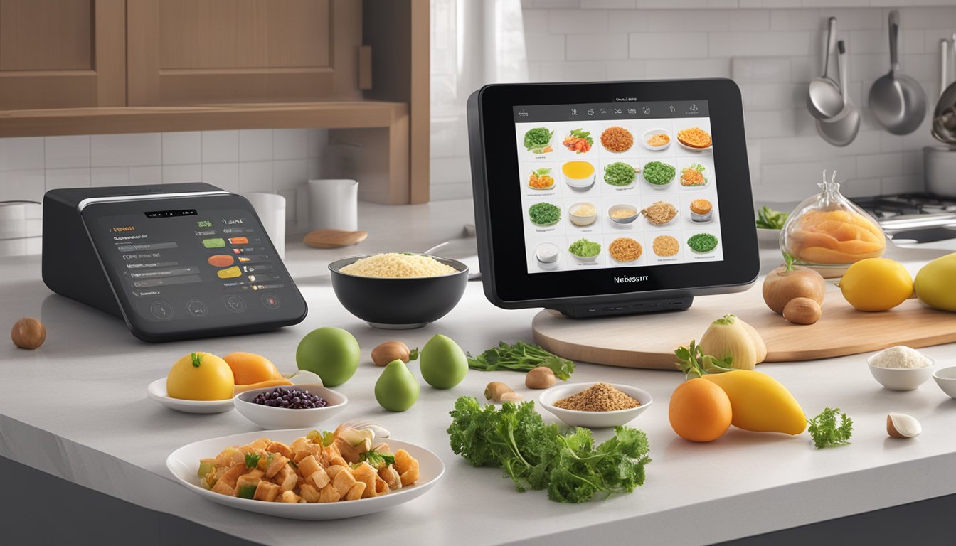 A Monsieur Cuisine Connect sits on a kitchen countertop, with its touchscreen display illuminated and various cooking utensils and ingredients scattered around it