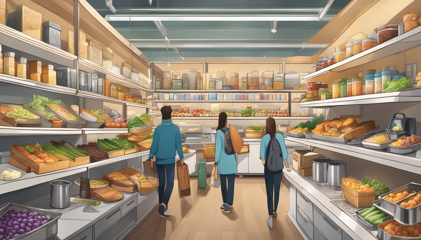 A bustling marketplace with shelves of Monsieur Cuisine Connect and various accessories, available for online purchase