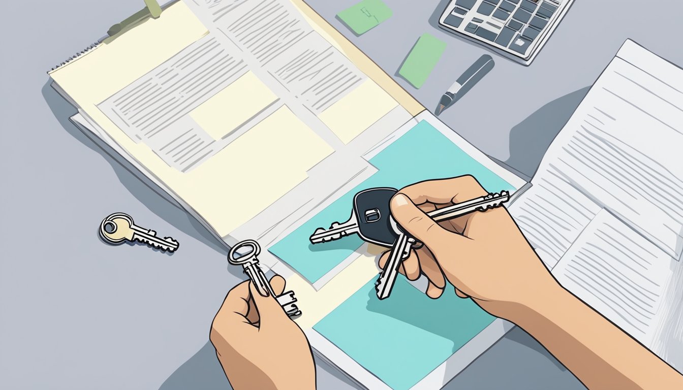 A hand signs a contract while another hand holds a set of keys, symbolizing the new rules for buying HDB flats in Singapore