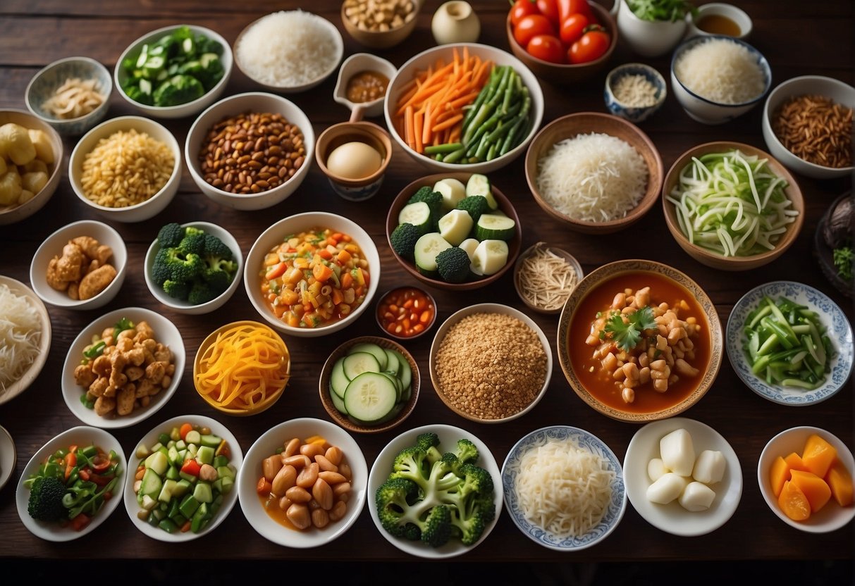 A table filled with colorful and vibrant Chinese dishes, showcasing healthy ingredients like fresh vegetables, lean proteins, and whole grains