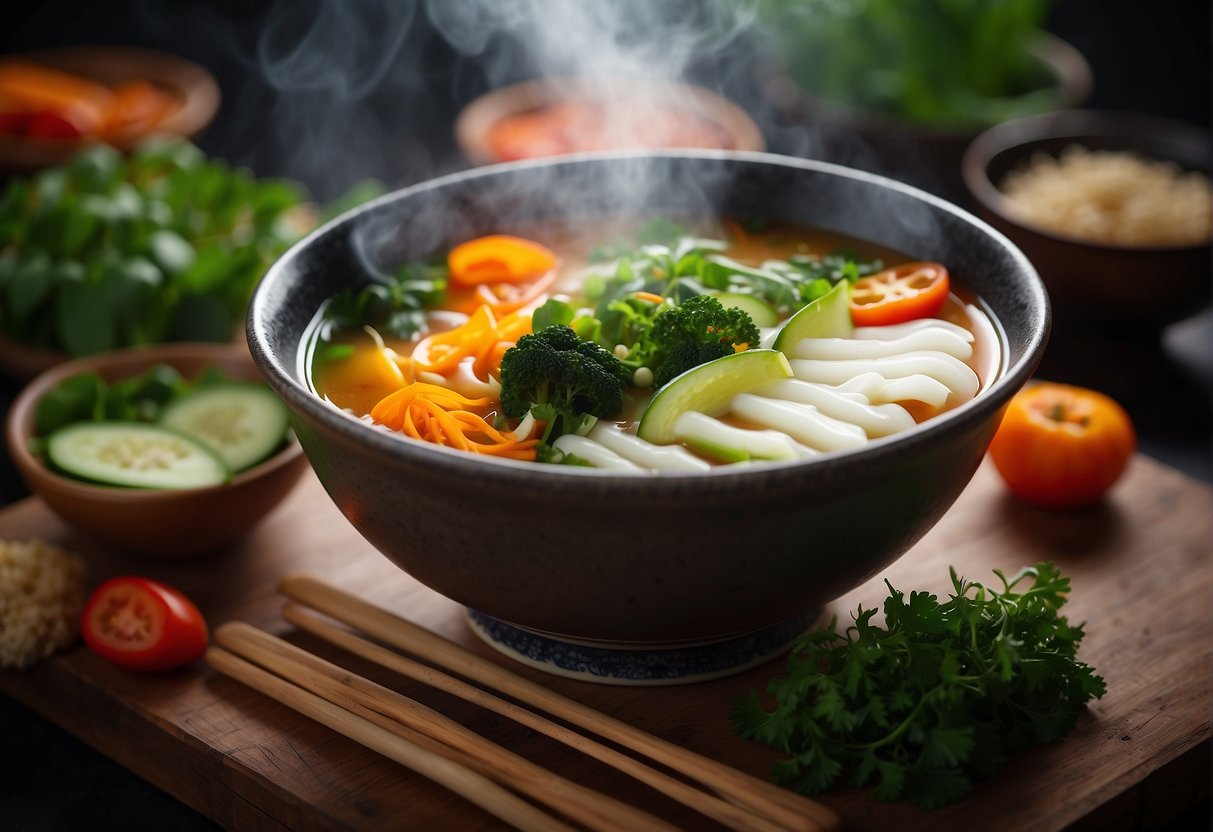 A steaming bowl of Chinese vegetarian soup surrounded by colorful fresh vegetables and aromatic herbs
