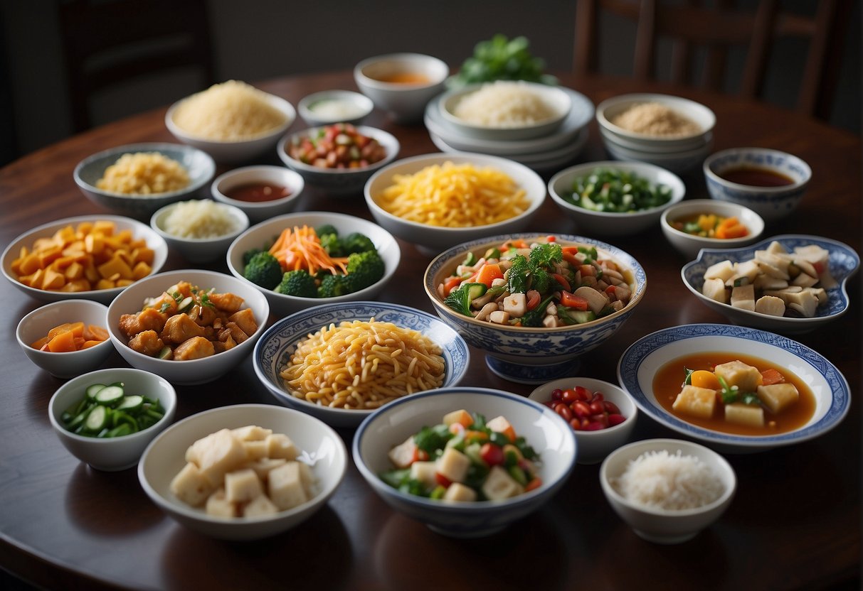 A table set with colorful, nutrient-rich Chinese dishes, labeled with special dietary considerations