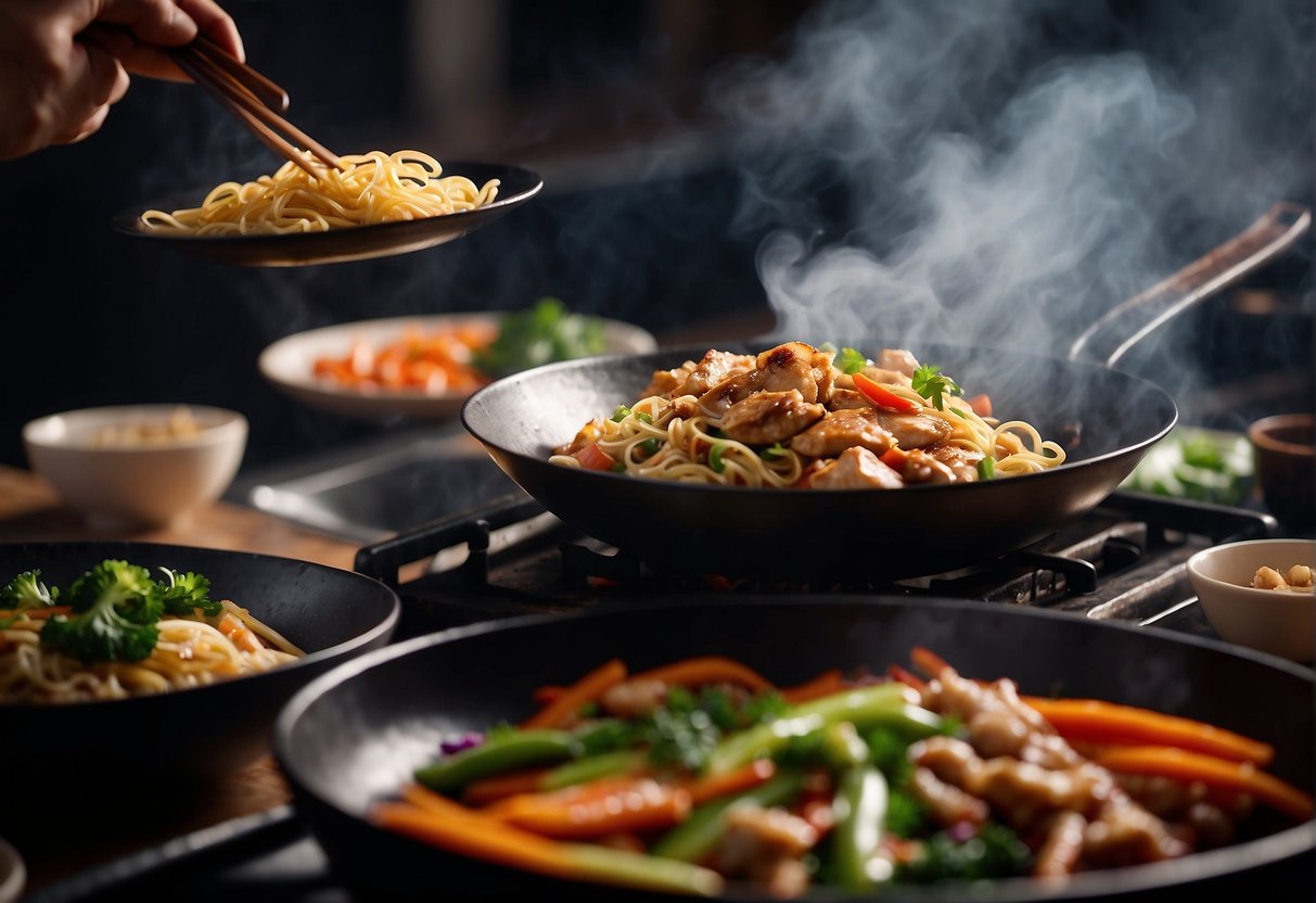 Sizzling wok tosses marinated chicken, colorful vegetables, and steaming noodles in a fragrant blend of soy sauce, ginger, and garlic