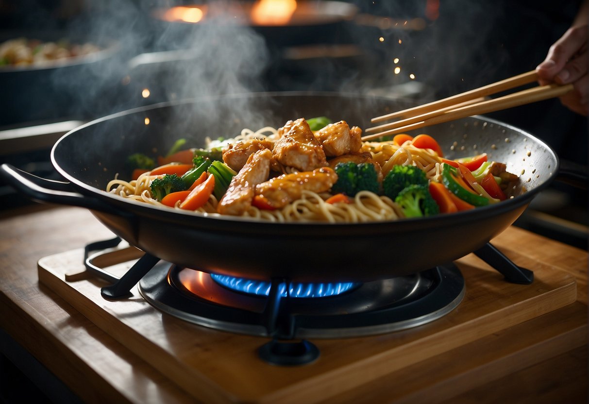 A wok sizzles with stir-fried chicken, vegetables, and noodles in a savory sauce. Steam rises as the chef tosses the ingredients with chopsticks