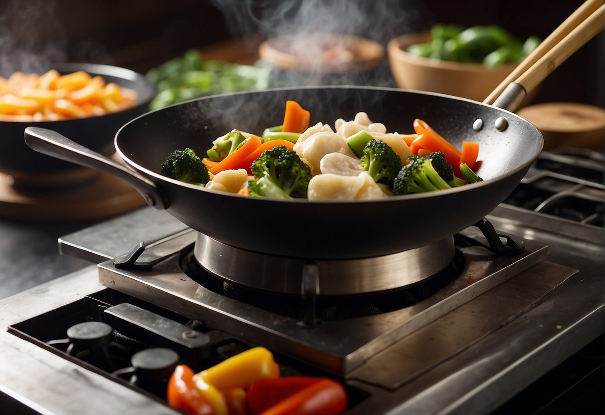 A wok sizzles on a gas stove, as a pair of chopsticks stir a colorful stir-fry of vegetables and lean protein. A bamboo steamer sits nearby, filled with dumplings, while a mortar and pestle crushes frag