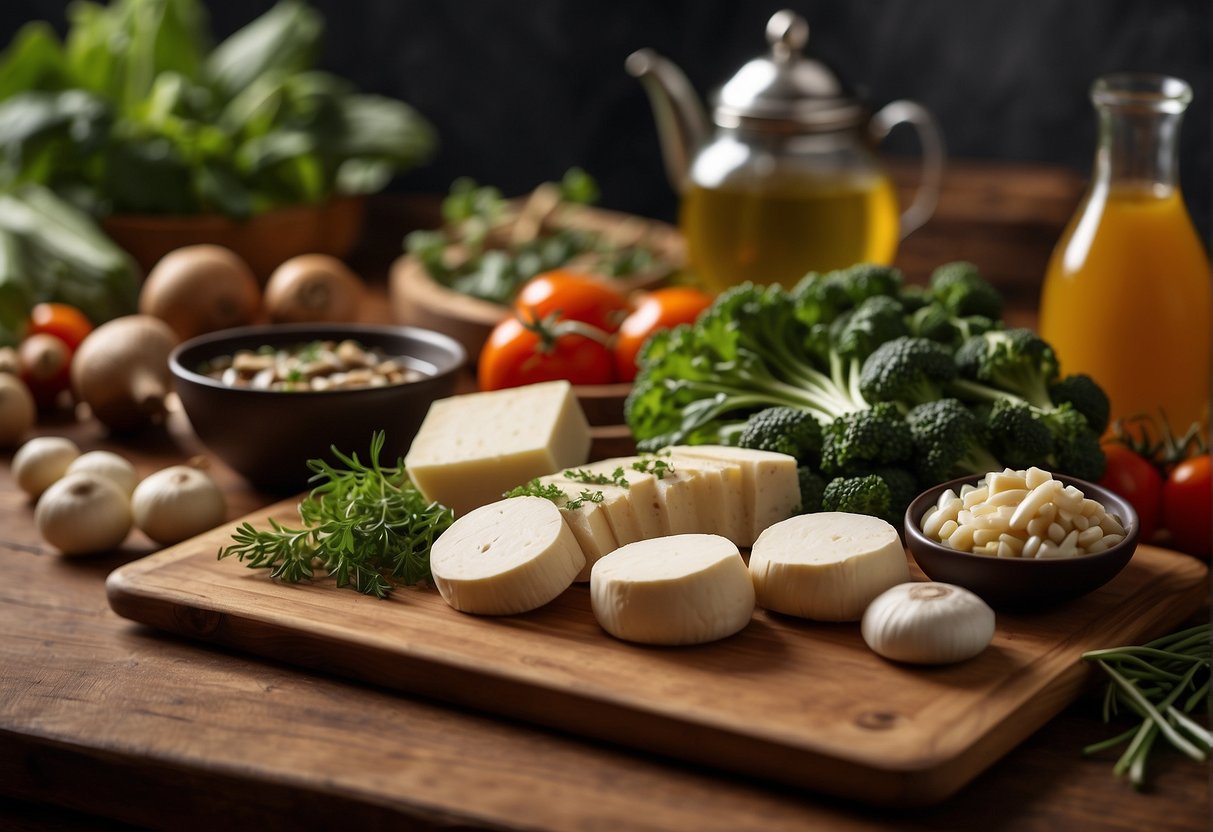A variety of fresh vegetables, tofu, mushrooms, and aromatic herbs arranged on a wooden cutting board, with a pot of simmering broth in the background