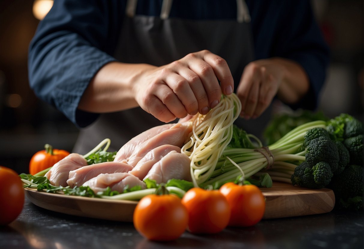 A chef selects fresh vegetables and cuts raw chicken for Chinese chicken noodles