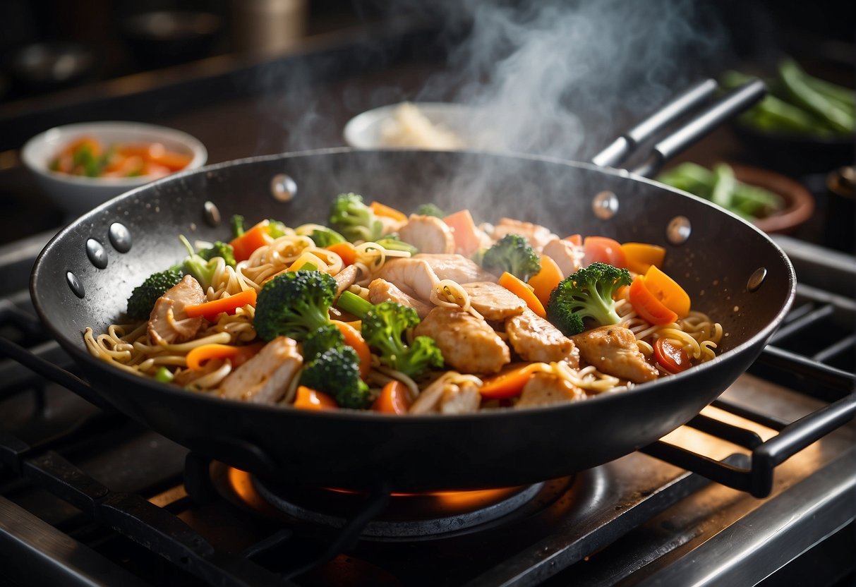 A wok sizzles as chicken, vegetables, and noodles are stir-fried with soy sauce and spices. Steam rises from the pan, filling the air with savory aromas