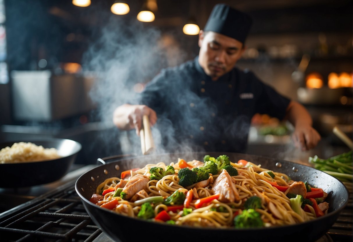 A chef tosses marinated chicken and fresh vegetables in a sizzling wok, while boiling noodles await in a pot nearby. Soy sauce and aromatic spices fill the air