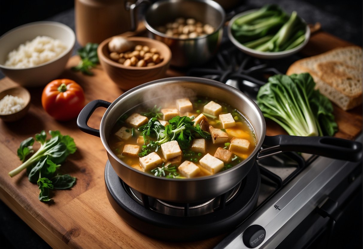 A pot simmers on a stove. Ingredients like tofu, mushrooms, and bok choy sit on a cutting board. A recipe book lies open, showing step-by-step instructions for making healthy Chinese vegetarian soup