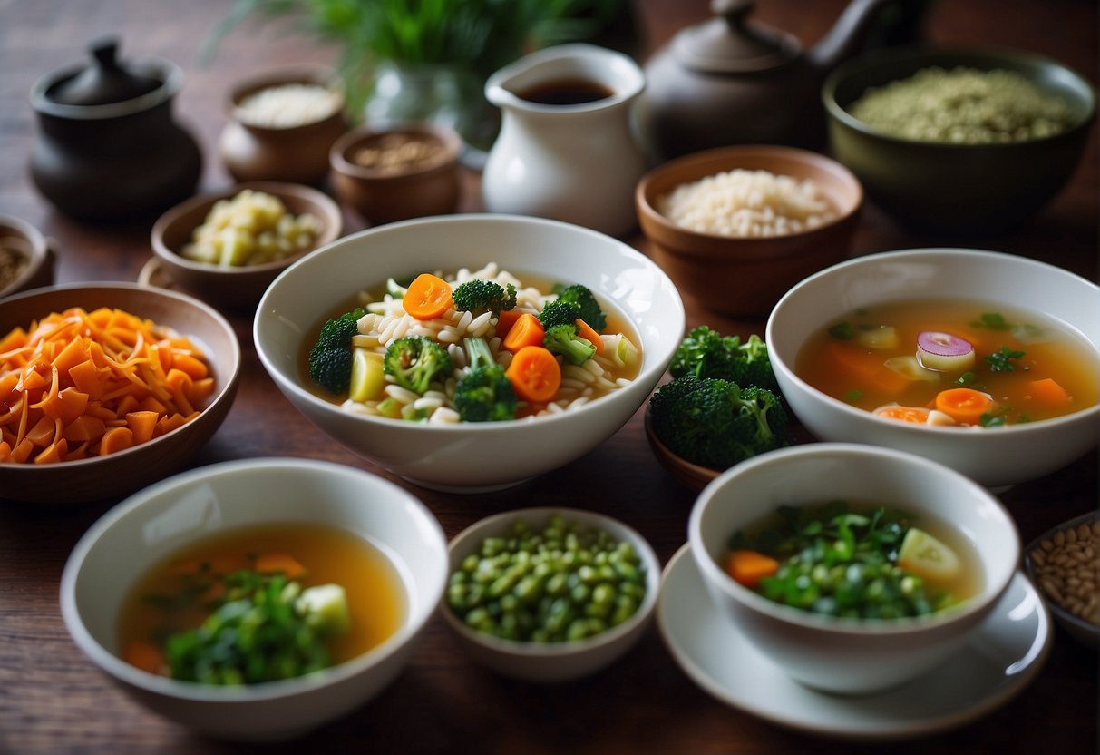 A table filled with colorful, nutritious Chinese dishes, including steamed vegetables, lean protein, and whole grains. A bowl of fragrant soup and a pot of green tea complete the scene