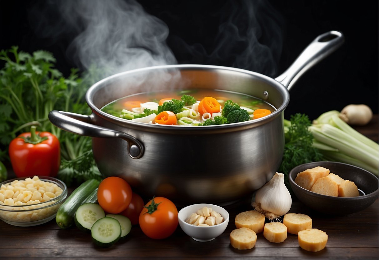 A steaming pot of Chinese vegetarian soup surrounded by fresh vegetables and herbs, with a cookbook open to healthy cooking tips