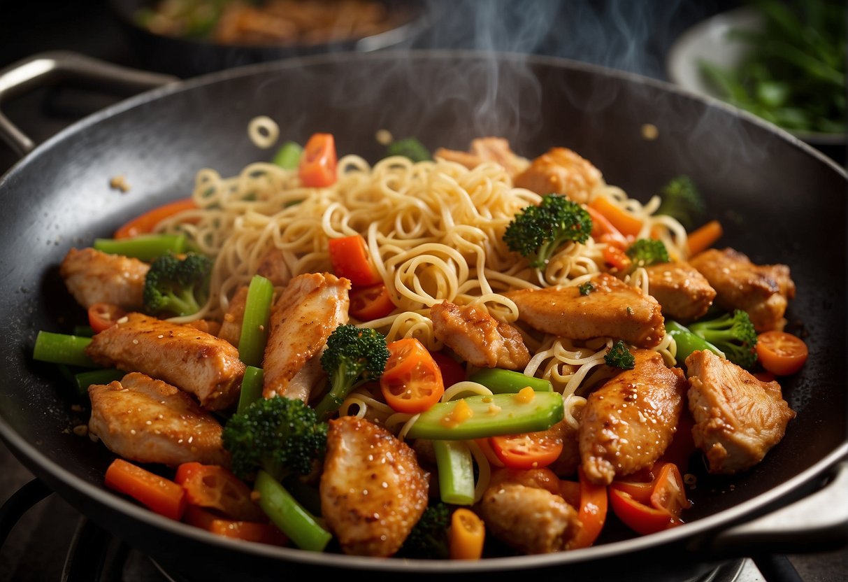 Chicken strips sizzle in a hot wok with vegetables and noodles. Soy sauce and spices are added, creating aromatic steam