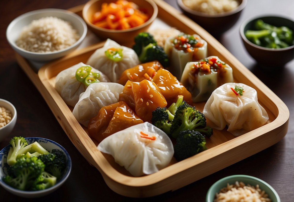 A colorful array of Chinese takeout favorites, including stir-fried vegetables, steamed dumplings, and brown rice, arranged on a bamboo serving tray