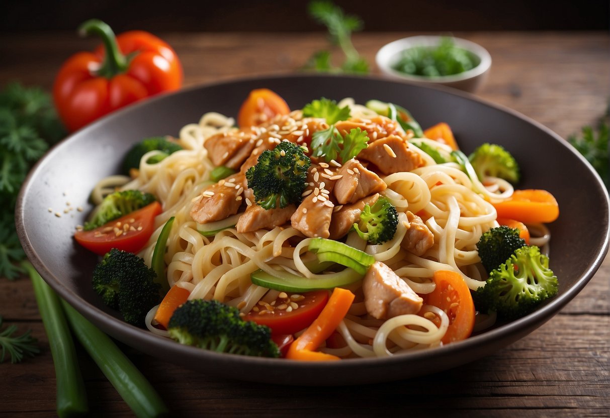 A steaming plate of Chinese chicken noodles stir fry is placed on a wooden table, garnished with fresh vegetables and sesame seeds