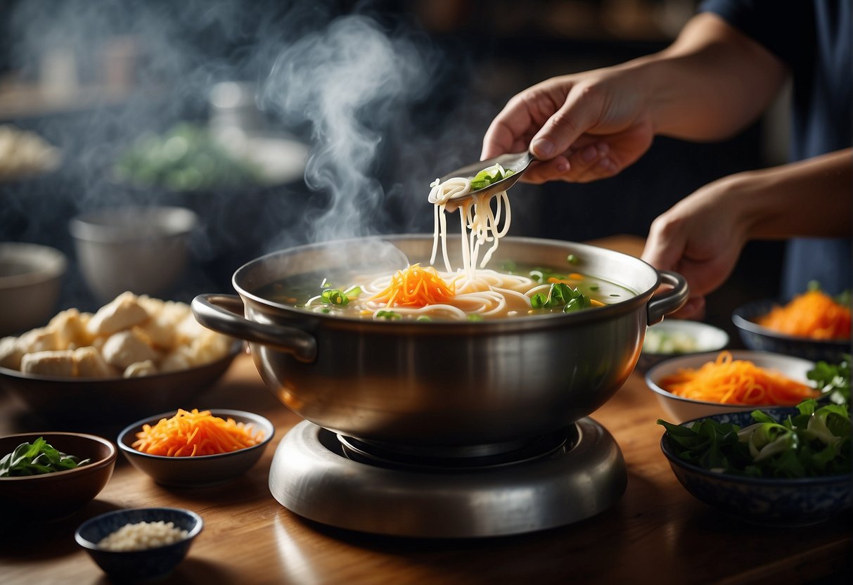 A pot of steaming Chinese vegetarian soup being ladled into bowls, with fresh ingredients displayed in the background