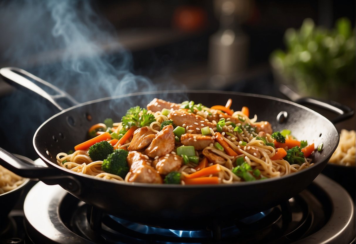A wok sizzles with marinated chicken, stir-fried with vegetables and noodles in a savory sauce. Steam rises as the dish is garnished with green onions and sesame seeds