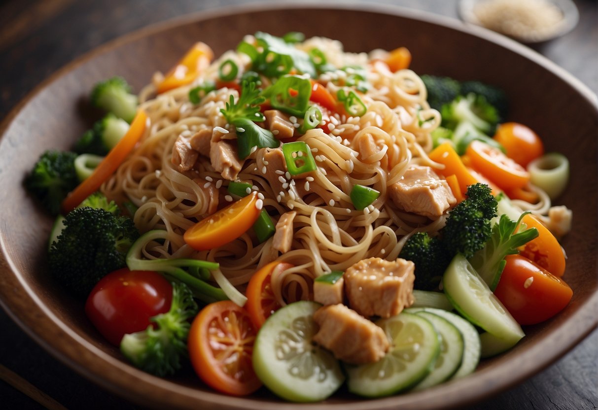 A steaming bowl of Chinese chicken noodles stir fry, surrounded by colorful vegetables and topped with sesame seeds