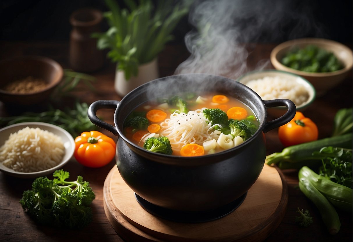 A steaming pot of Chinese vegetarian soup surrounded by fresh vegetables and herbs