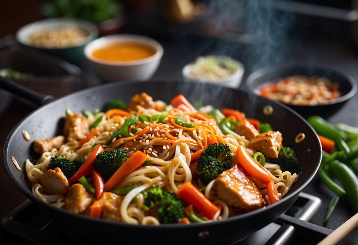 A wok sizzles with Chinese chicken noodles, stir-frying in a medley of colorful vegetables and savory sauces