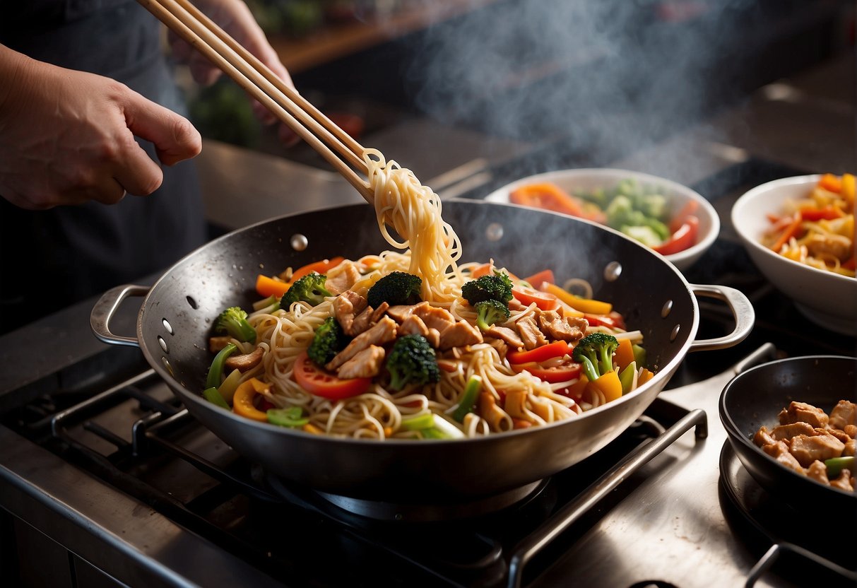 A wok sizzles as noodles, chicken, and vegetables are stir-fried together. Steam rises as the chef adds a flavorful sauce, creating a delicious Chinese chicken noodle stir-fry