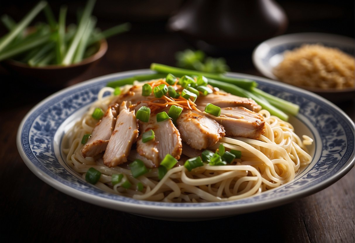 A steaming bowl of Chinese chicken noodles is garnished with fresh green onions and served on a traditional porcelain plate