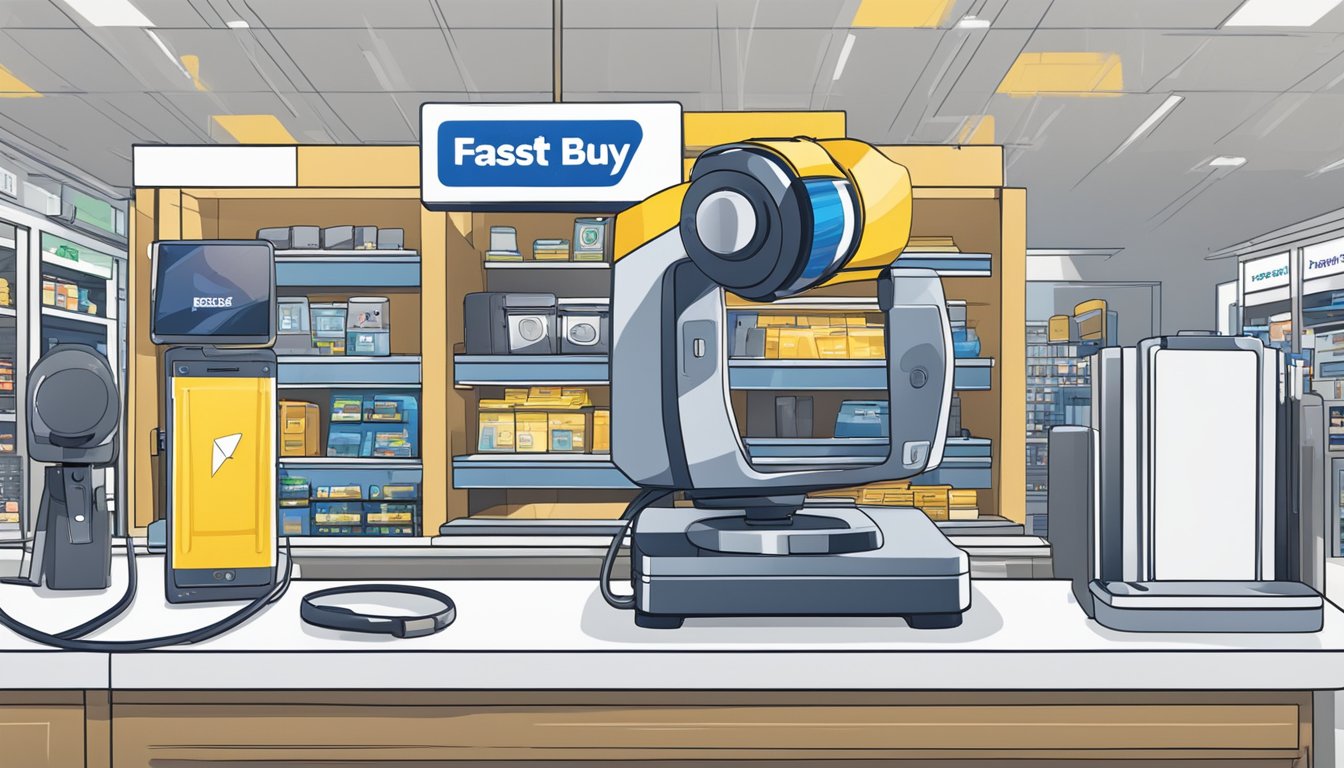 A phone gimbal sits on a store shelf with a "Frequently Asked Questions" sign above it at Best Buy