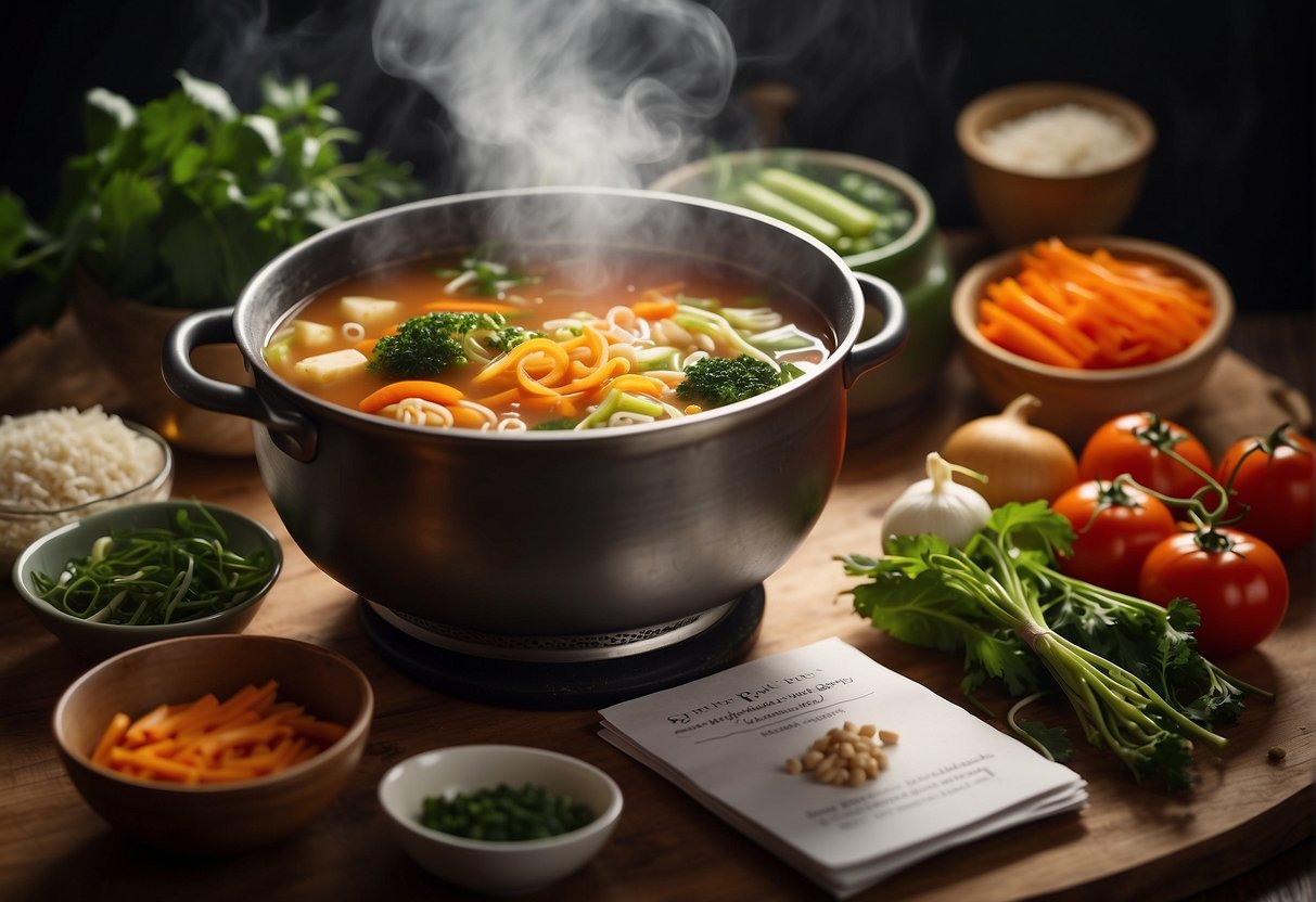 A steaming pot of Chinese vegetarian soup surrounded by fresh ingredients and a stack of recipe cards