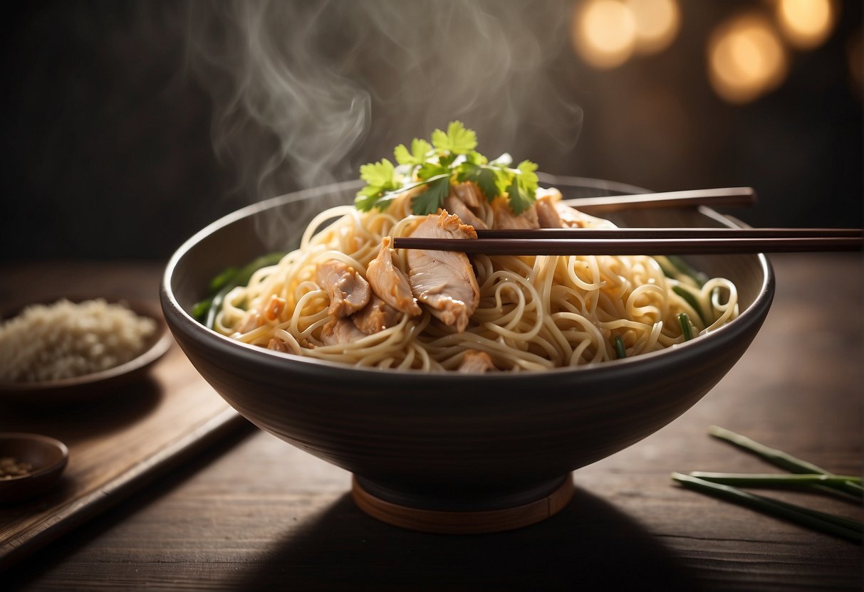 A steaming bowl of Chinese chicken noodles with chopsticks beside a list of frequently asked questions about the recipe