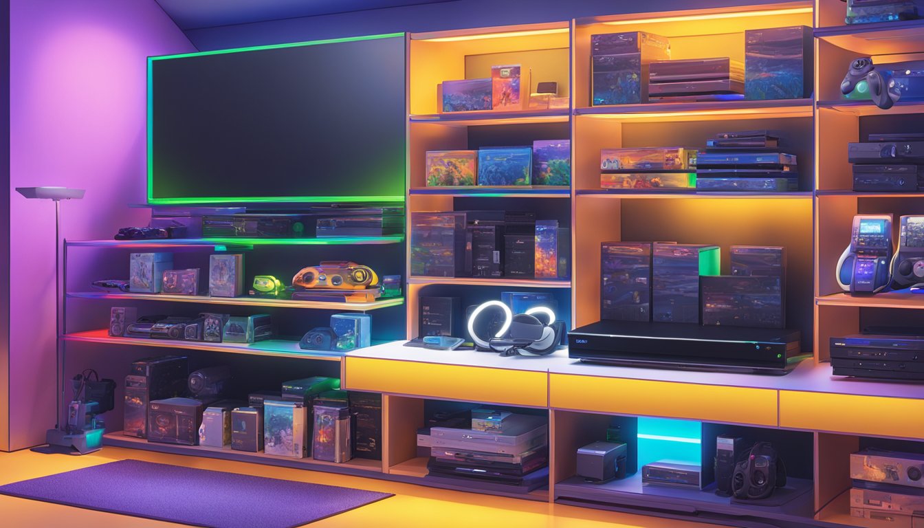 A PlayStation Pro displayed on a sleek shelf at Best Buy, surrounded by vibrant gaming accessories and illuminated by bright store lighting