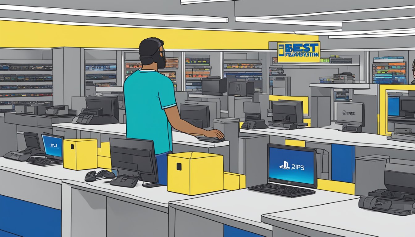 A customer browsing a display of PlayStation Pro consoles at a Best Buy store, with a sign above that reads "Frequently Asked Questions."