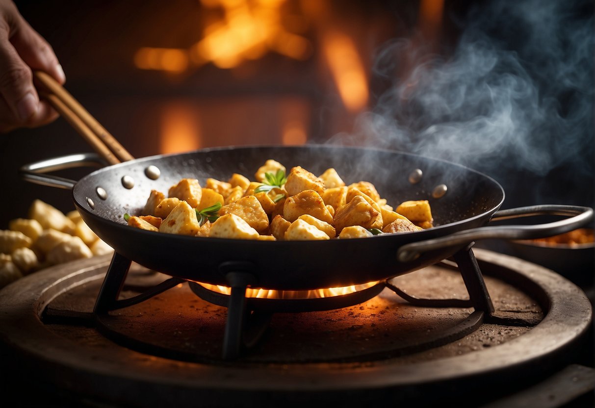 Golden nuggets sizzle in a wok, surrounded by colorful ingredients like ginger, garlic, and soy sauce. A tantalizing aroma fills the air