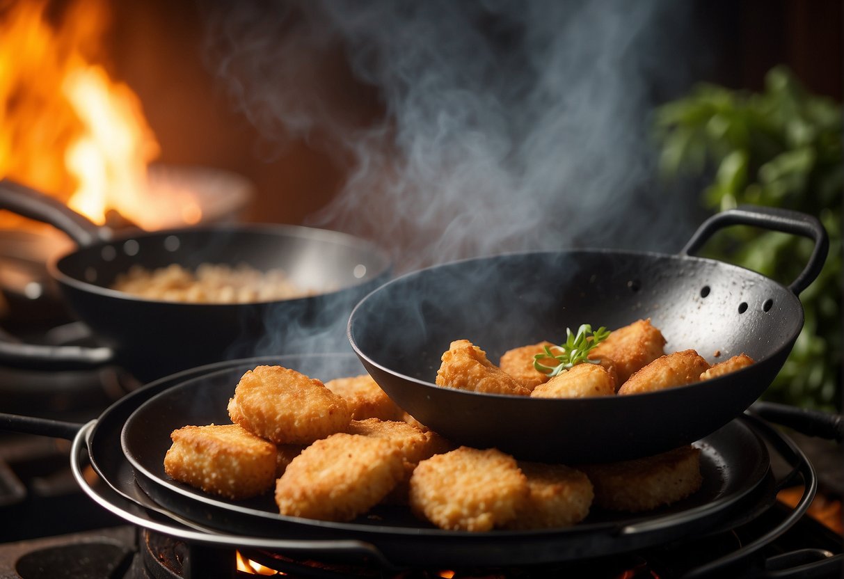 A wok sizzles with hot oil as chicken nuggets fry to a golden crisp. A mix of soy sauce, ginger, and garlic simmers on the side