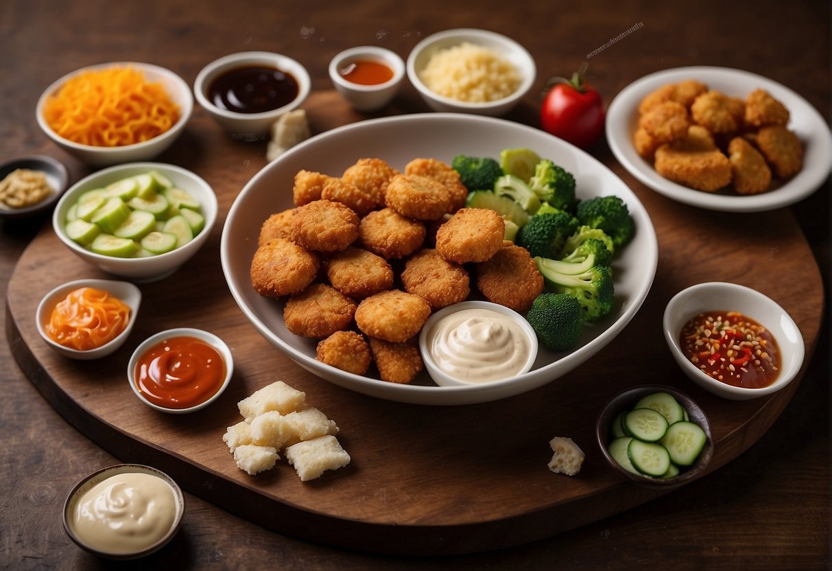 A table spread with various sauces and accompaniments for Chinese chicken nuggets