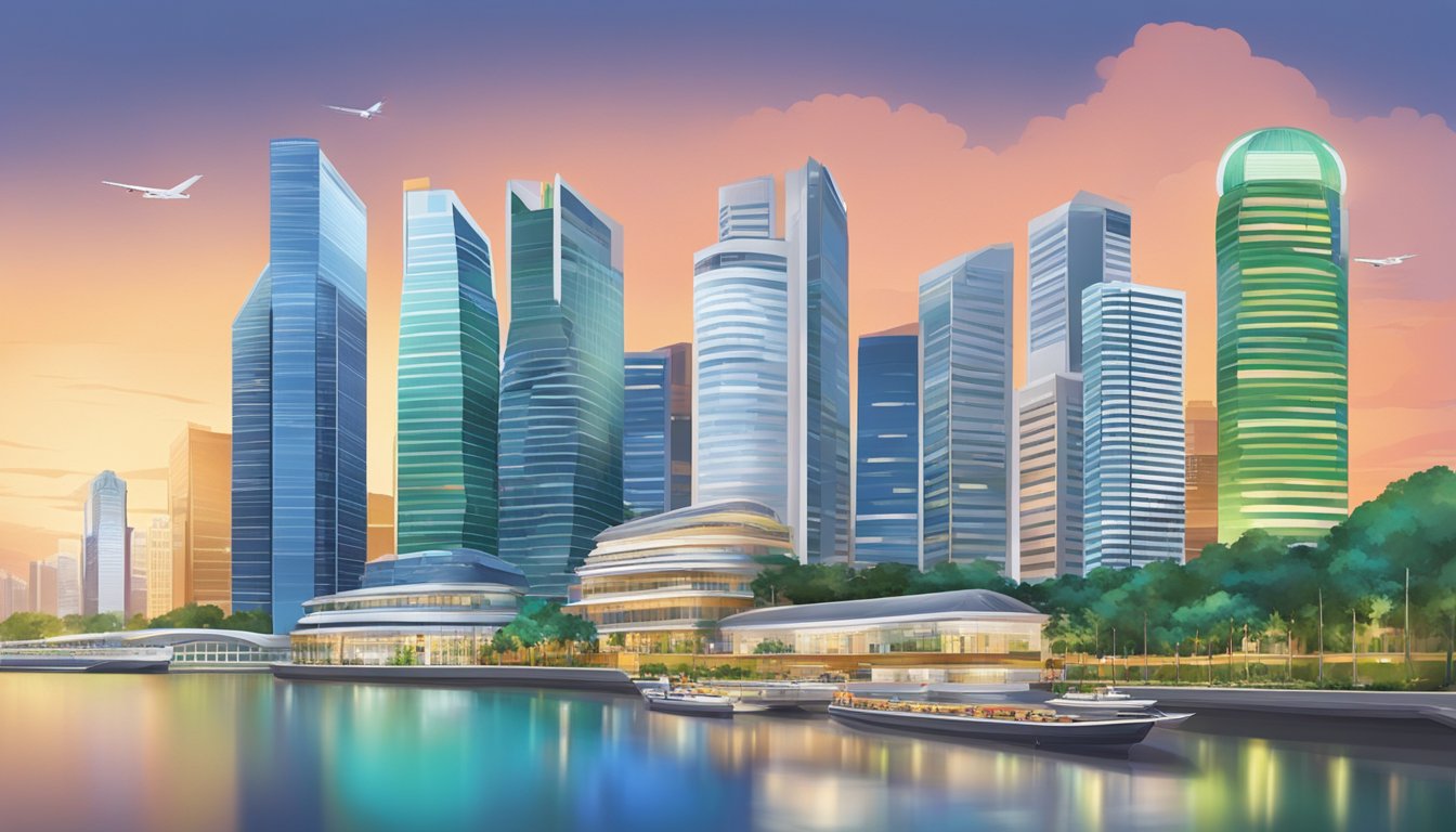 A bustling Singapore skyline with iconic REIT-owned buildings and a vibrant financial district, showcasing the city's thriving real estate investment market