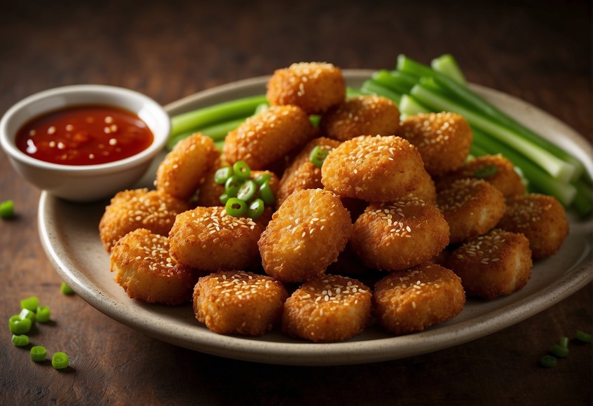 A platter of golden-brown Chinese chicken nuggets arranged with a side of sweet and sour sauce, garnished with sliced green onions and sesame seeds