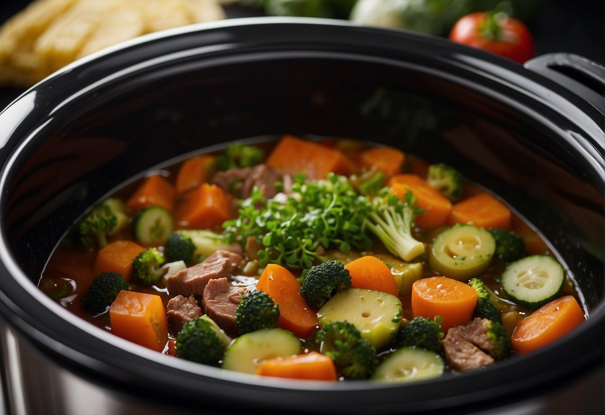 Fresh vegetables and lean meats simmer in a fragrant sauce in a slow cooker. A steaming pot emits savory aromas, creating a warm and inviting atmosphere