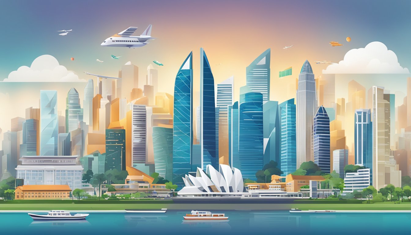 A city skyline with prominent Singapore landmarks, surrounded by financial district buildings, with REIT logos displayed prominently