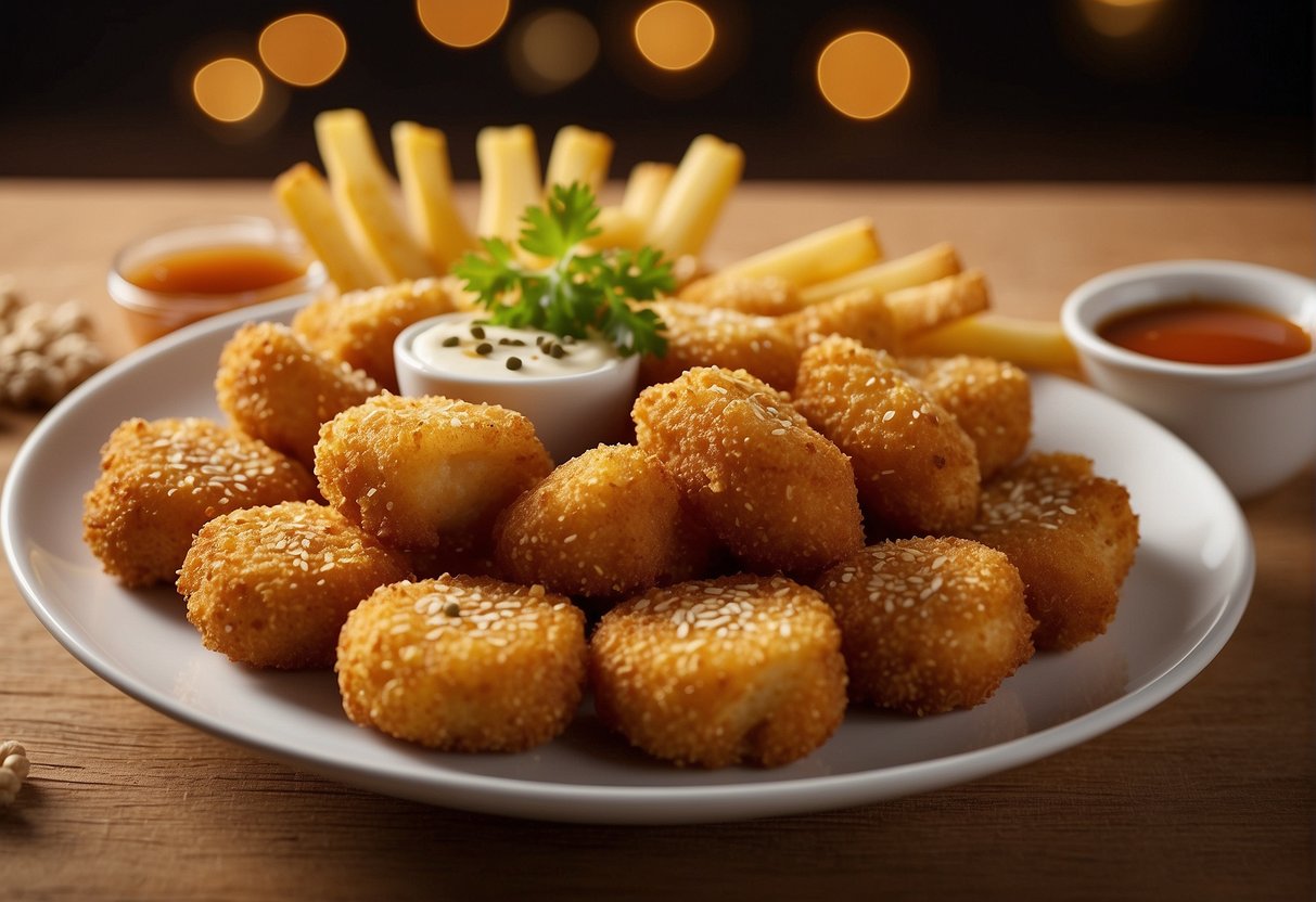 A plate of golden-brown Chinese chicken nuggets surrounded by dipping sauce and garnished with sesame seeds
