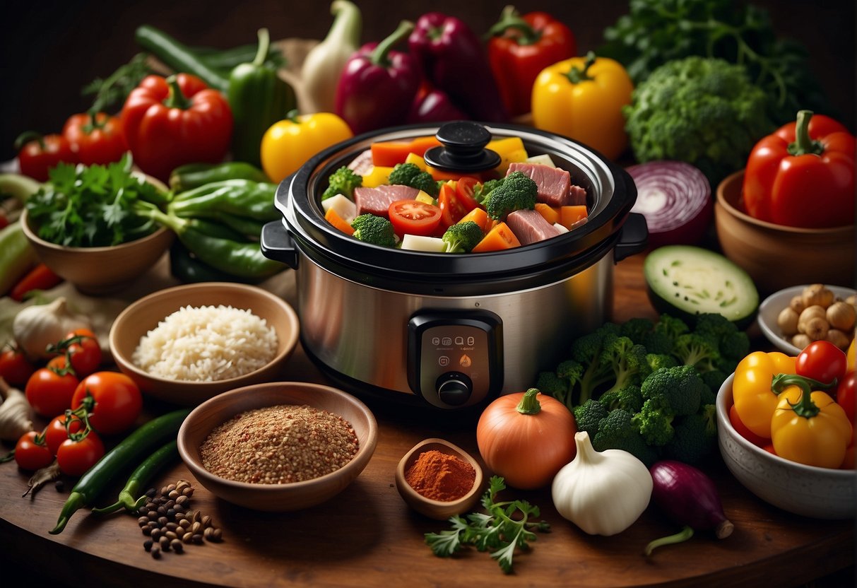 A colorful array of fresh vegetables, lean cuts of meat, and aromatic spices arranged around a slow cooker, with a cookbook open to a page of healthy Chinese recipes