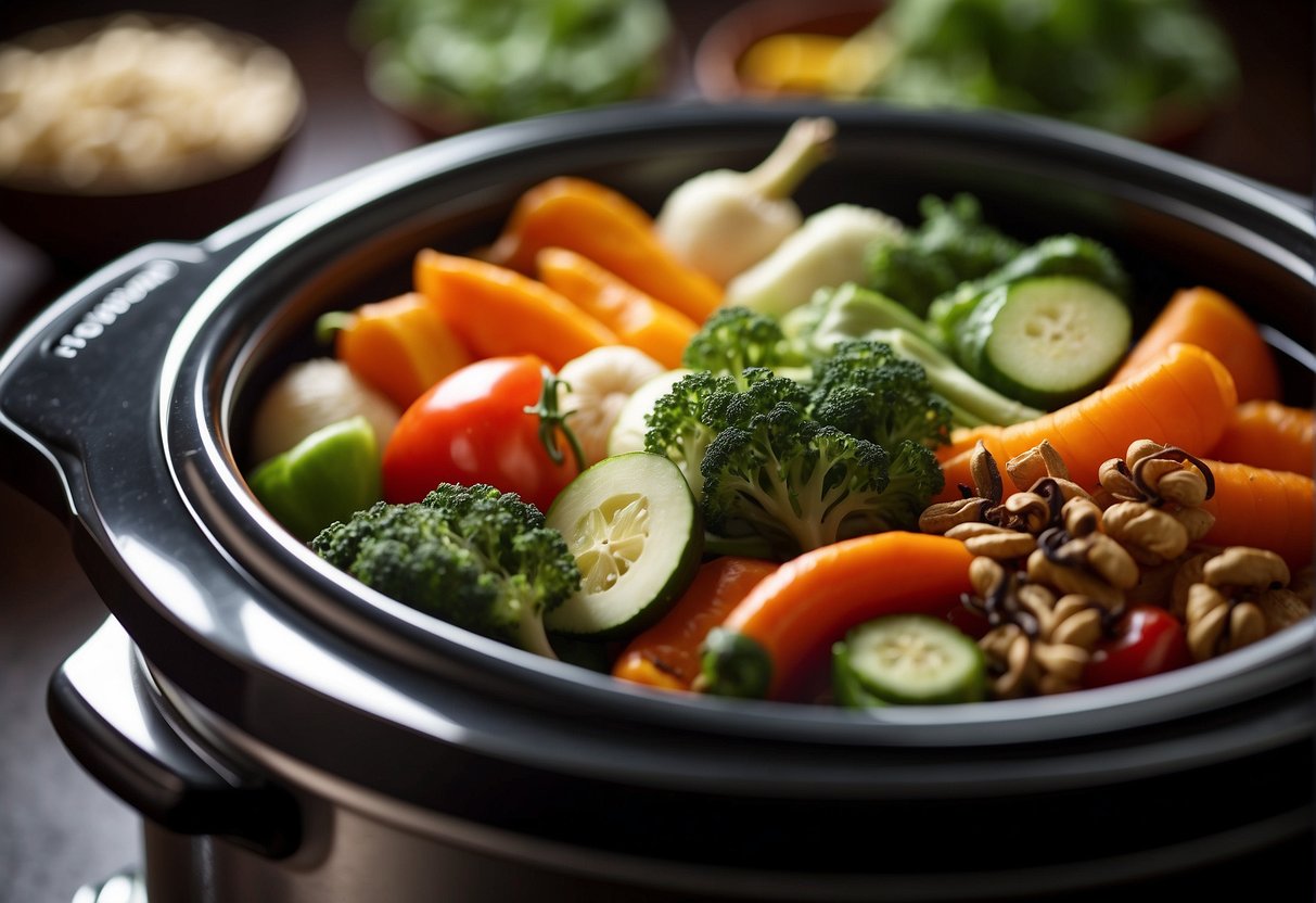 A colorful array of fresh vegetables and aromatic spices simmer in a sleek, modern slow cooker, emitting mouthwatering scents of traditional Chinese cuisine