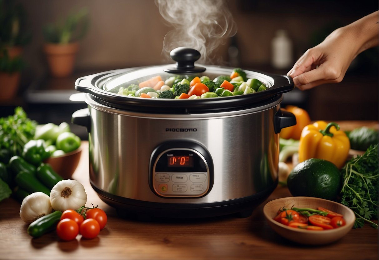 Fresh vegetables and aromatic spices being added to a bubbling slow cooker, filling the air with the enticing aroma of healthy Chinese cuisine