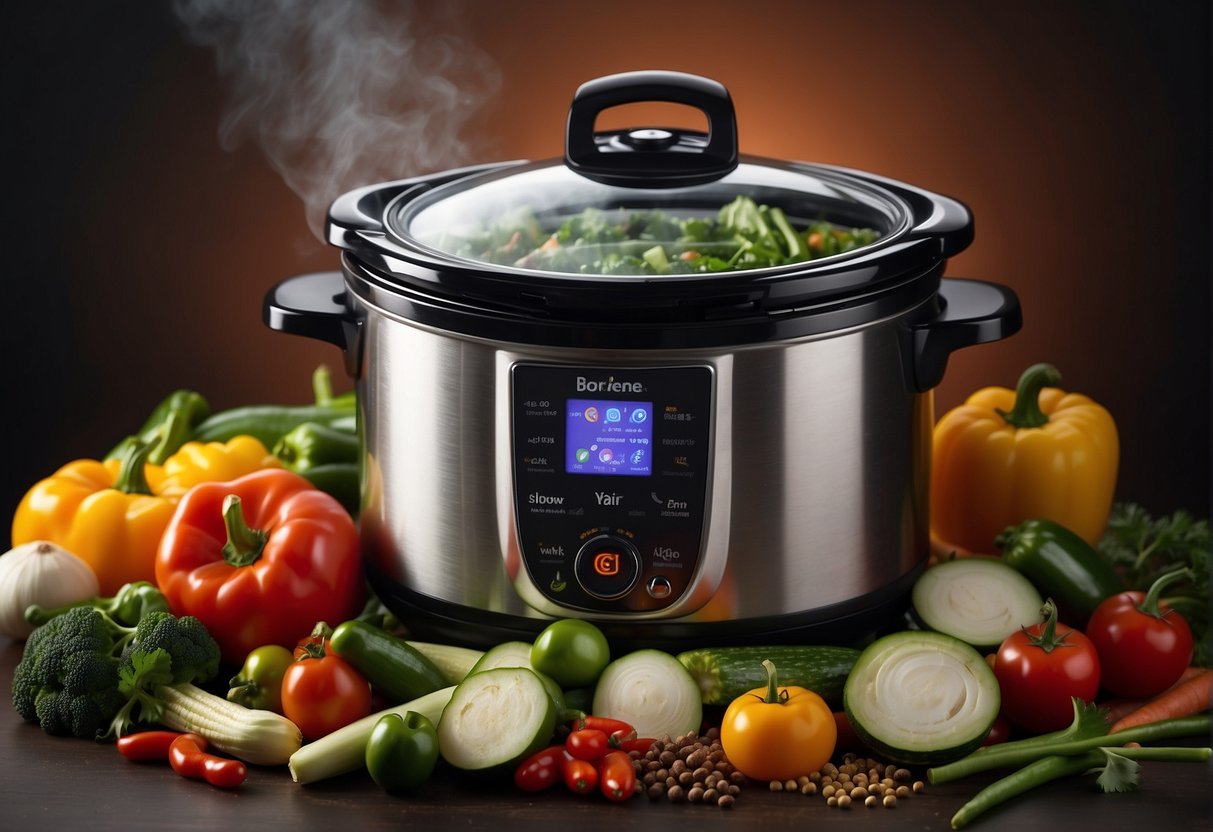 A colorful array of fresh vegetables and aromatic spices surround a bubbling slow cooker, with steam rising and enticing aromas filling the air